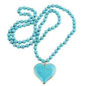 Creative Bohemian Turquoise Necklace with Heart Pendant Womens Vintage Long Sweater Chain Ethnic Neckchain Accessory