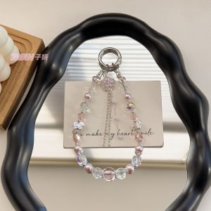 ตกแต่งกระเป๋ามีพู่ผีเสื้อไข่มุกหรูหราอ่อนโซ่พวงกุญแจรถไฮเอนด์สายคล้องโทรศัพท์คริสตัล