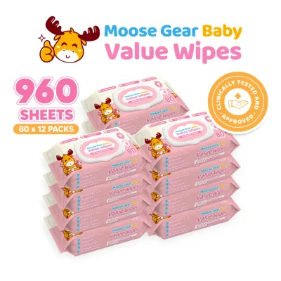 Moose Gear Baby Value Wipes Flower Scent 960s (12PACKS) Hypoallergenic w/ Vitamin E & Aloe Extract