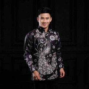 kemeja pria lengan panjang baju batik kantor seragam kerja ukuran reguler - jumbo V neck printing hitam motif