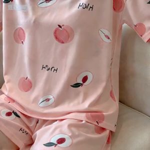 Women Peach Print Terno Pajama Set Short Sleeve Top & Shorts Soft Loungewear Wearable Outside Home