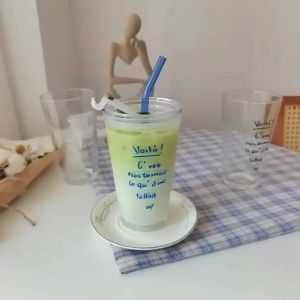 FCSimple Glass With Lid Anti-scald Bandle Water Cup With Straw Juice Milk Mug