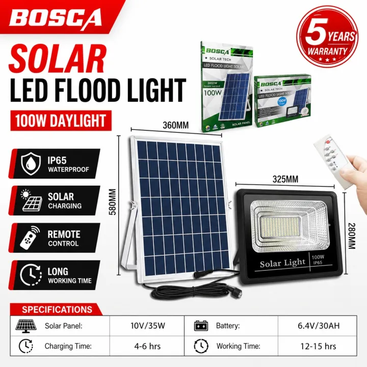 BOSCA 5 Year Warranty 100W Heavy Duty Solar Led Outdoor Flood Light Street Lamp IP65 Waterproof With Remote BOSCA-S01 | Lazada Philippines