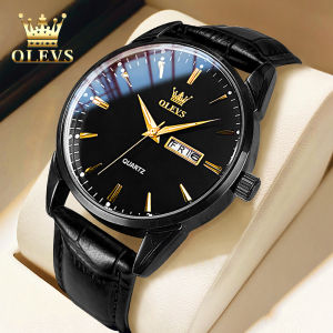 OLEVS Jam Tangan Pria Asli Anti Air Keren Tali Kulit Analog Men Watch Hitam Biru Cod