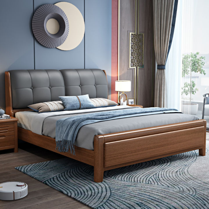 Golden walnut solid wood bed 1.8m double bed modern simple master ...