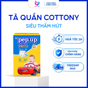 [Bán chạy] Tã bỉm quần em bé  Pep.up Cottony 3D mặt bông siêu mềm mại giá rẻ chất lượng - 1 gói đại Size XL34 (12-17kg)