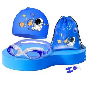 Kids Swim Goggles Set Cartoon Design Anti Fog Uv Protection Adjustable Strap Silicone Cap Pool Beach