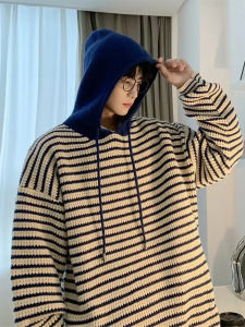 Winter Striped Hooded Knitted Sweater For Men Y2K Vintage Knitwear Pull Homme Korean Fashion Streetwear Pullovers sweaters man