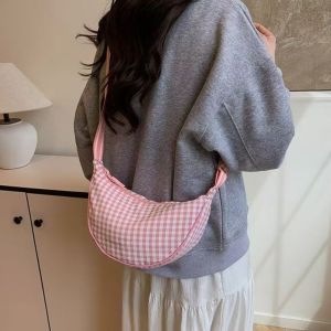 XEANG Versatile Plaid Shoulder Bag Canvas Adjustable Strap Nylon Crossbody Bag Fashion Hobo Bag Dumpling Bag Outdoor