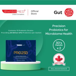 Swissmed® Pro25B Probiotics 25 Billion CFU – 12 HOWARU® Probiotic Strains + Prebiotic Inulin | Gut & Digestive (30s x 2)