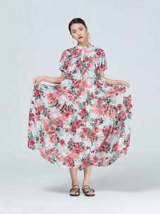 XITAO Large Size Chiffon Print Dress Summer Casual Loose Folds Splicing Stand Collar Vintage Small Floral Women CLL1326