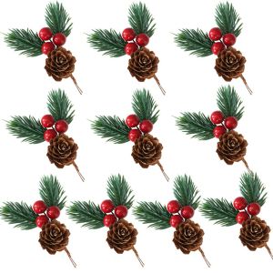 NOCASE 10pcs Red Christmas Berry Christmas Pine Cone Pine Cone DIY Home Pine  Berry Stem Packaging Artificial Floral Decor Xmas Gift Box Decor Christmas Party Supplies