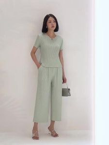 40637 One Size (45-75kg) Suit WomenS Summer Handmade Wave Pleated Round Neck Pullover Top Straight-Leg Pants