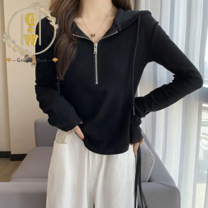 Glliya Wish Women Shirt White Semi-zippered Hooded Long Sleeves With Cropped Top Hoodies Shirts