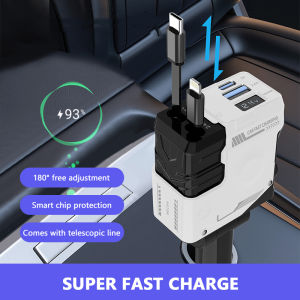 SEAMETAL 4 in 1 Car Charger Type C PD Retractable Cable Fast Charging Universal Car Quick Charger Adapter