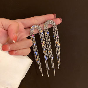 Fangfang-Women Long Tassel Crystal Drop Earrings Geometric Rhinestone Full Earrings Statement Jewelry Gifts