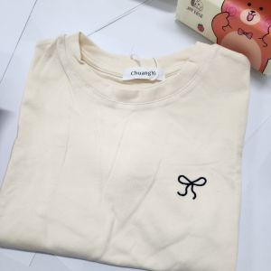 JOYEASE Cotton Summer Loose Round Neck Wide Short Sleeve Plain Ribbon Design T-shirt Women Top Cotton Base Plain T-Shirt Comfortable Casual Style