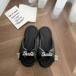 [Free Shipping] Summer Sweet Barbie Letter Color-Block Bow Beach Flip-Flops Flat-Heel Eva Sandals For Beach Vacation WomenS