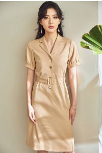 Đầm cổ vest dáng A tay ngắn nhỏ phồng