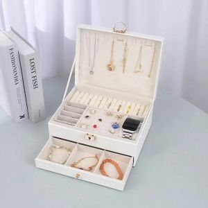 Three layer Large Jewelry Box With Lock Multifunction Leather Women Watch Earrings Necklace Jewelry Organizer