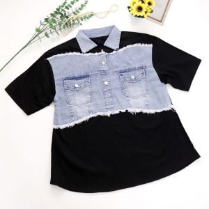 NANDO ATASAN KEMEJA BLOUSE KOREAN STYLE OOTD KEREN LENGAN PENDEK KATUN X DENIM