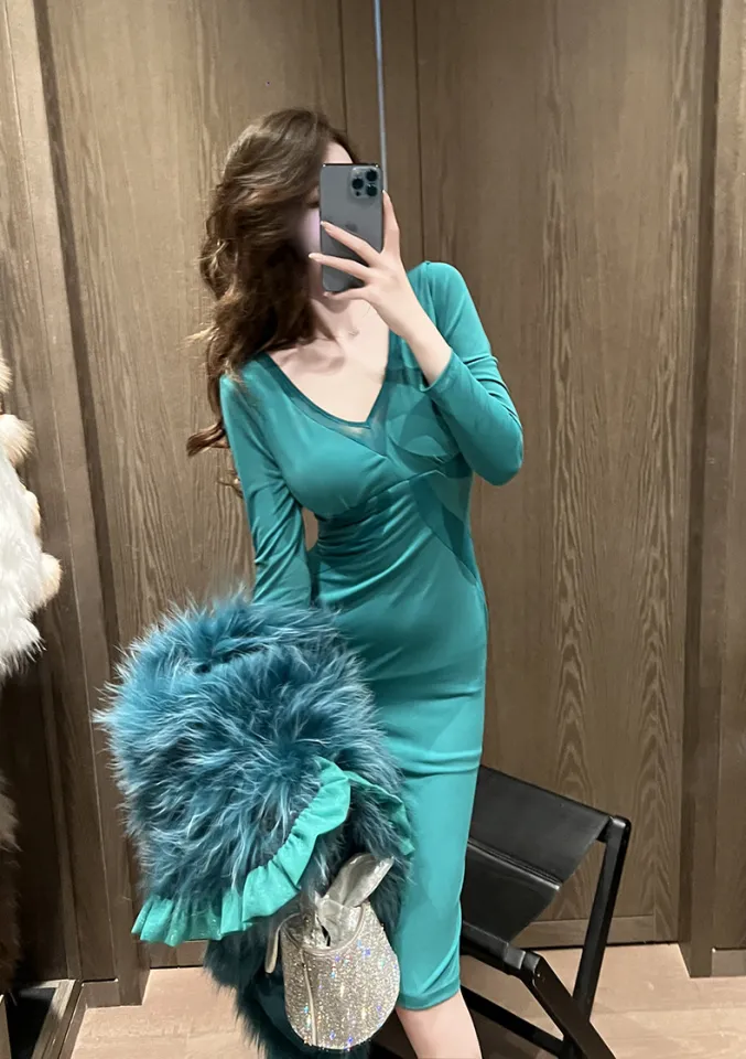 ZYHT 2023 Summer New EraVogue Women s Sping Bodycon Mint Green V Neck High Waistline Spring Dress