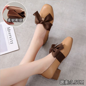 [Free Shipping] 2026 Autumn Collection: Korean-Style Fashionable Soft Leather Mid-Heel WomenS Shoes Featuring A Bow Design And Versatile Soft Soles