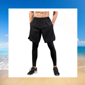 🇲🇾STOCK KL Long Pant (Fake 2PCS) Men Boy Compression Pants Sportswear Trousers Suit GYM Tight Clothes Yoga Sets Running Jogging Short With Long Pants