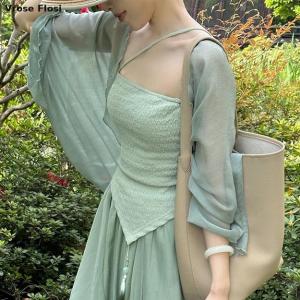 2026 Blue Green Hanfu Suit Summer New Chinese Style Qipao Dresses Mesh Cardigan Strap Vestidos Women Slim Cheongsams Costumes2026