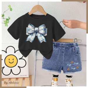 Setelan Denim Anak Perempuan dengan Pita Desain Floral Usia 1-5 Tahun