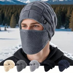 IFFINE Soft Winter Beanie Cap Thick Warm Plus Size Knitted Hat Casual with Face Cover Outdoor Cold Weather Cap for Women Men