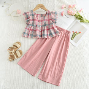 Bear Leader 3 to 7 Years Girls Plaid T-shirt and Pink Pants 2 Pieces Clothing Sets Baby Kids Flying Sleeves Casual Wear Clothes Outfits Childrens Summer Costumes New Suits