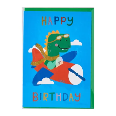 Raspberry Blossom Dinosaur Pilot Birthday Card