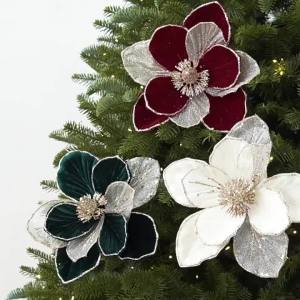 FFBH Velvet Texture Artificial Christmas Flower Sparkling Three-Layer Xmas Poinsettia Ornament Realistic DIY Craft 4P7H5