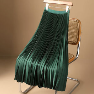 Women Muslimah Skirt Satin Pleated High Waist A Line Skirt Long Skirt Vintage Fashion Maxi Long Skirt For Women 缎面百褶裙