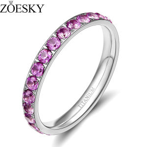ZOESKY 3mm Titanium Engagement Ring Purple Pink Cubic Zirconia Eternity Women Wedding Band Size 4-12
