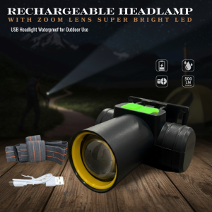 Rechargeable Headlamp with Zoom Lens Super Bright LED USB Headlight Waterproof for Outdoor Use