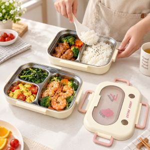 DAN LE 2/3 Grid Lunch Box Leakproof Stainless Steel Thermal Lunch Box Student Lunch Box Portable Food Storage Case School