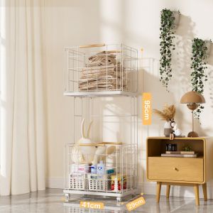 Laundry Basket With Wheels 2 Layers Metal Dirty Clothing Basket With Wooden Handle Bathroom Clothes Storage Household Snack Rack Trolley Multi Purpose Large Capacity Storage Rack Kitchen Storage Rack Waterproof For Home Office Warehouse