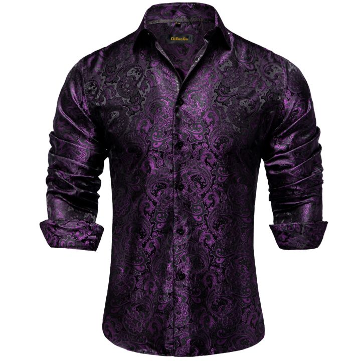 1 Luxury Purple Paisley Men's Silk Shrits Long Sleeve Designer Men ...