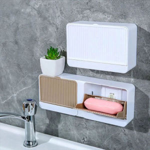 C.three. Double Grid Soap Holder with Drainer Bathroom Suction Cup Wall Hanging Soap Case Bathroom with Lid Punch-Free Soap Holder For Bathroom Wall Hanging Rack