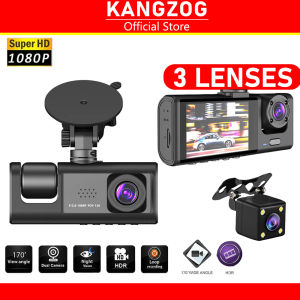 KANGZOG 24H Record FHD 3 Camera Dashcam for Car Front + Interior + Back / Rear Dash Cam Night Vision Parking Mode Car DVR Driving video Recorder