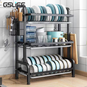 GSlife 3ชั้น ชั้นวางจานสแตนเลส ชั้นวางจาน ชั้นวางอเนกประสงค์ ที่คว่ำจาน ชั้นวางของครัว ตะขอ ที่ใส่ตะเกียบ ที่ใส่มีดและเขียง ชั้นวางของ