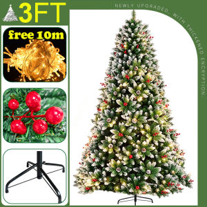 3FT/4FT/5FT/6FT Snow Flocked Christmas Tree with Pine Cones Red Berries + 10m LED Lights Xmas Tree