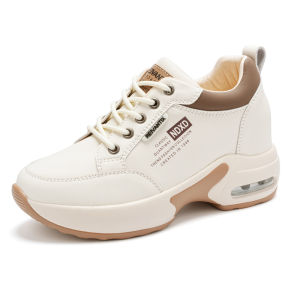 Women Sneakers Korean Style Leather Height Increasing 8cm Air Cushion Platform Shoes Casual Letter Print Spring Autumn Hidden Heel Shoes Black Beige