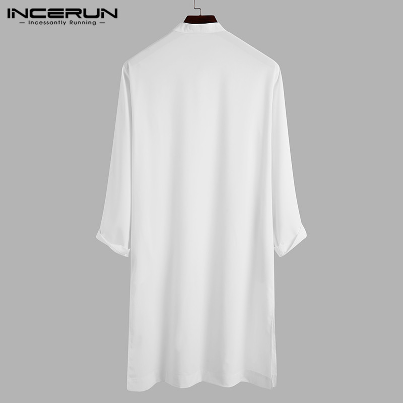 ชุดประจำชาติ INCERUN เสื้อเชิ้ตผู้ชายย้อนยุค Kaftan ยาวระดับเข่าเสื้อทางการปก (มุสลิม)