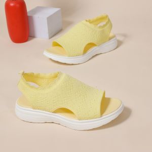 [Free Shipping] Plus-Size WomenS Sandals 2026 Summer New Collection Solid Color Round Toe Knitted Design Fashionable Slip-On Style Platform Sandals With Thick Soles