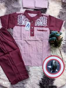 Koko kurta salur anak laki laki usia 1th-13th Lengan Pendek motif Bordir katun bonus peci