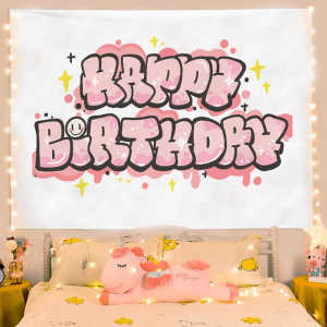 HAPPY BIRTHDAY ผ้าพื้นหลังวันเกิดน่ารัก ฉากปาร์ตี้ ตกแต่งภาพถ่าย ผ้าผนัง