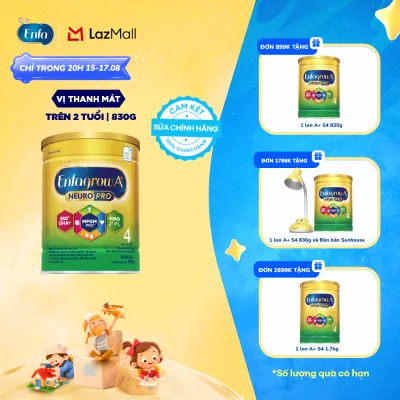 [CHỈ TỪ 15-17/08 MUA LÀ CÓ QUÀ] Sữa Bột Enfagrow A+ Neuropro 4 830g với DHA giúp phát triển não bộ cho Trẻ Từ 2 – 6 Tuổi